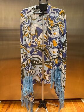 Aratta Boho Paisley Fringe Open-Front Shawl Jacket - Blue Purple Gold Multi
